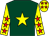Dark green, yellow star, yellow sleeves, red stars, yellow cap, red stars