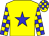 yellow, blue star, yellow and blue checked sleeves, checked cap