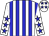 white, blue stripes, white sleeves, blue stars, blue stars on cap