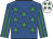 Royal blue, emerald green stars, striped sleeves, white cap, emerald green stars