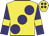 Yellow, large purple spots, purple sleeves, yellow armlets, yellow cap, purple spots