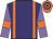 Purple body, orange braces, mauve arms, orange armlets, orange cap, purple hooped