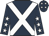 dark blue body, white cross belts, dark blue arms, white stars, dark blue cap, white stars