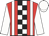 Red, white and black checked stripe, white braces, sleeves and cap