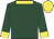 Dark green, yellow collar, yellow cuffs & cap, dark green spot on cap
