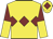 Yellow, maroon triple diamond, maroon and yellow halved sleeves, yellow cap, maroon diamond