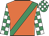 Orange, emerald green sash, emerald green and white check sleeves and cap