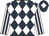Dark blue and white diamonds, white and dark blue striped sleeves, dark blue cap, white diamond