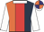 Orange and dark blue halved, red stripe, white collar and sleeves, orange and purple quartered cap, white peak