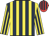Dark blue & yellow stripes, yellow & dark blue striped sleeves, red & dark blue striped cap