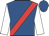 Royal blue, red sash, white sleeves
