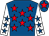 Royal blue, red stars, white sleeves, royal blue stars, royal blue cap, red star
