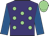 Purple, light green spots, royal blue sleeves, light green cap