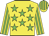 Yellow body, green stars, yellow arms, green striped, yellow cap, green striped