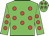 Green body, red spots, green arms, red spots, green cap, red stars
