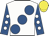 White, large royal blue spots, royal blue sleeves, white spots, yellow cap