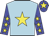 Light blue body, yellow star, blue arms, yellow stars, blue cap, yellow star