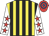 Yellow and black stripes, white sleeves, red stars, red and royal blue hooped cap