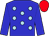 Blue, light blue spots, blue sleeves, red cap