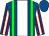 Royal blue, green braces,, white stripe, royal blue and red  striped sleeves, white stripe, royal blue cap