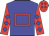 Blue body, red hollow box, red arms, blue diamonds, red cap, blue diamonds