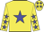 Yellow body, blue star, yellow arms, blue stars, yellow cap, blue stars