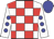 white and red checked, blue spots on white sleeves, blue cap