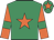 Emerald green, orange star, orange sleeves, emerald green armlets, emerald green cap, orange star