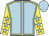 Light blue, yellow seams, yellow sleeves, light blue stars, light blue cap