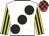 White, large black spots, yellow and black striped sleeves, red and black check cap