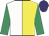 Yellow & white halved, emerald green sleeves, purple cap