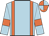 light blue body, orange braces, light blue arms, orange armlets, orange cap, light blue quartered