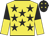 Yellow, black stars, black and yellow halved sleeves, black cap, yellow stars