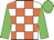 White and orange checks, green sleeves and cap