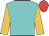 Turquoise, old gold sleeves, red cap