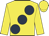Yellow, large dark blue spots, yellow sleeves, yellow cap