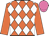 Orange, white diamonds, orange sleeves, hot pink cap