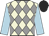 Beige and grey diamonds, light blue sleeves, black cap
