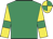 Emerald green, yellow sleeves, emerald green armlets, quartered cap