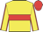 yellow, red hoop, red seams on sleeves, red cap