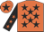 Orange, black stars, black sleeves, orange stars, orange cap, black star