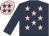 Dark blue, pink stars, dark blue sleeves, pink cap, dark blue stars