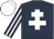 Dark blue, white cross of lorraine, striped sleeves, white cap