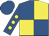 Royal blue and yellow (quartered), royal blue sleeves, yellow spots, royal blue cap
