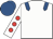 White, royal blue epaulets, white sleeves, red spots, royal blue cap