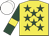 Yellow, dark green stars, dark green sleeves, yellow armlets, white cap