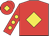 Red, yellow diamond, red sleeves, yellow spots, red cap, yellow diamond