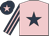Pink, dark blue star, dark blue and pink striped sleeves, dark blue cap, pink star