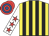 Yellow and black stripes, white sleeves, red stars, red and royal blue hooped cap