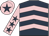 Dark blue, pink chevrons, pink sleeves, dark blue stars, pink cap, dark blue star